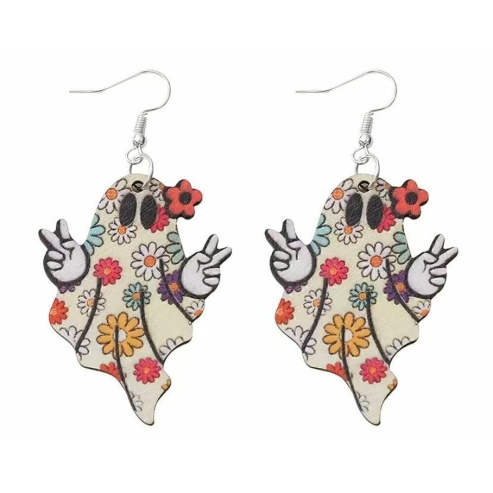 NWT Halloween Wooden Retro Floral Print Ghost Peace Out Dangle Earrings